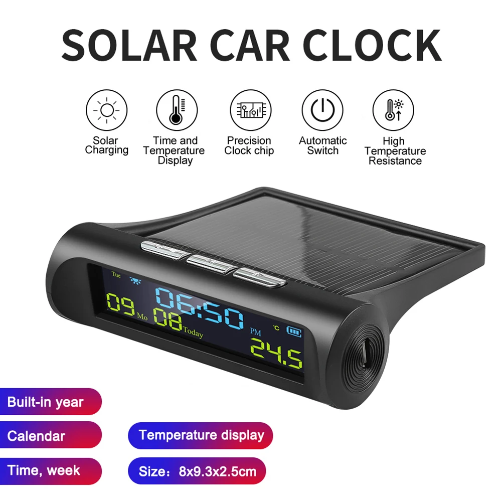 AN01 השמש LCD המכונית שעון דיגיטלי עם תאריך שבוע הזמן הפנימי תצוגת טמפרטורה מתח מד Solor טעינת המכונית השעון התמונה 2