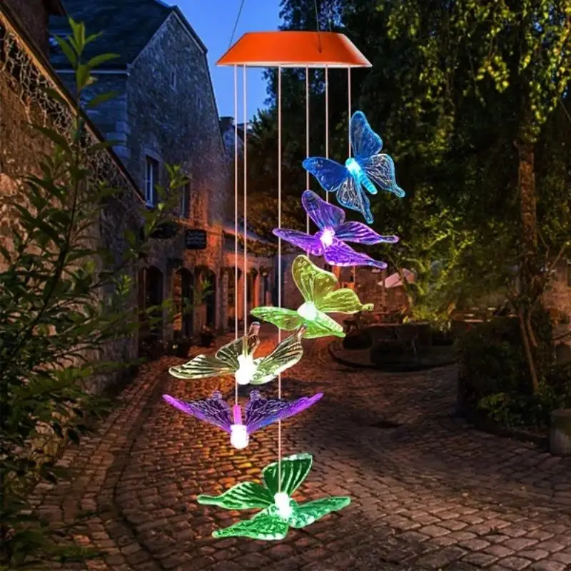 LED סולארית פעמוני רוח שינוי צבע הפרפר מסתובב אור הביתה קישוט הגן עמיד למים חיצוני Windchime תליית מנורה התמונה 3