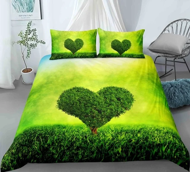 אהבה ירוק עץ הטבע צמחים סט מצעים הדפסת 3D יוקרה עיצוב 3pcs בוהמי זוג נאהבים רך המצעים השמיכה לכסות להגדיר התמונה 1