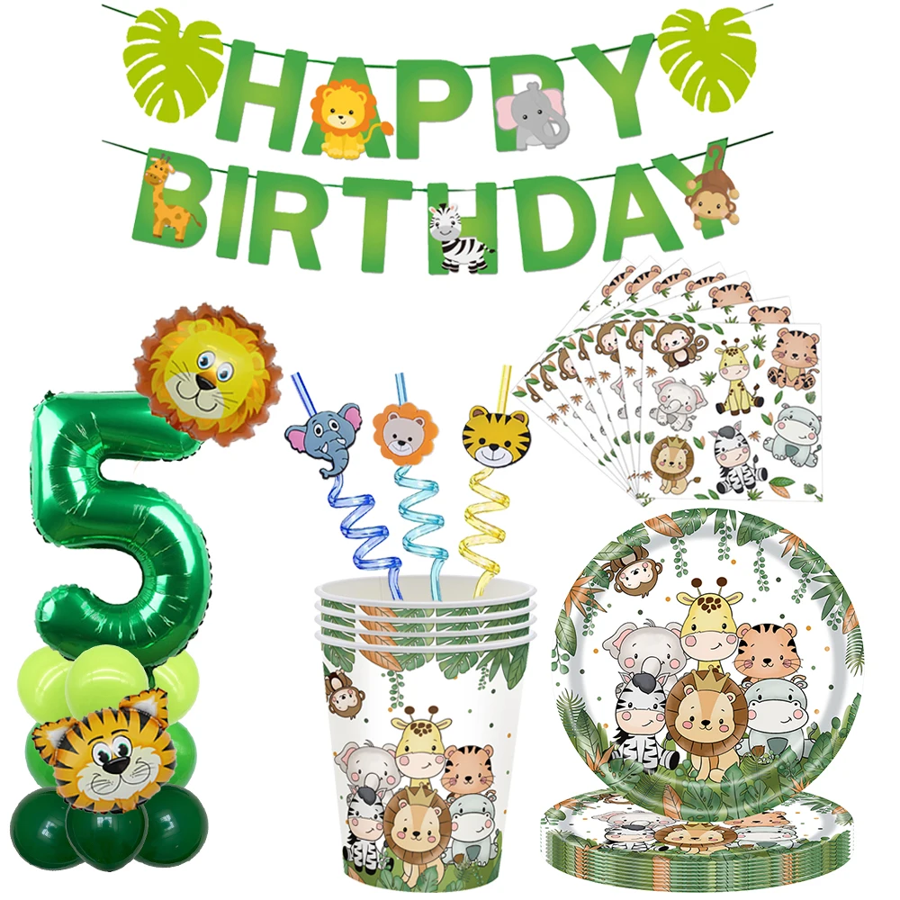 ג 'ונגל חיות שולחן להגדיר' ונגל חיות צלחות כוסות בלון להולדת התינוק הפרוע ספארי מסיבת ילדים ' ונגל מסיבת יום הולדת עיצוב התמונה 0