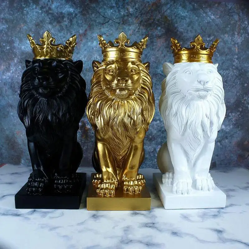 האריה פסל אספנות פסלונים בסגנון נורדי שרף פסל האריה פסל עם הכתר על הבית חדר חדר לימוד לקישוט לשולחן התמונה 0