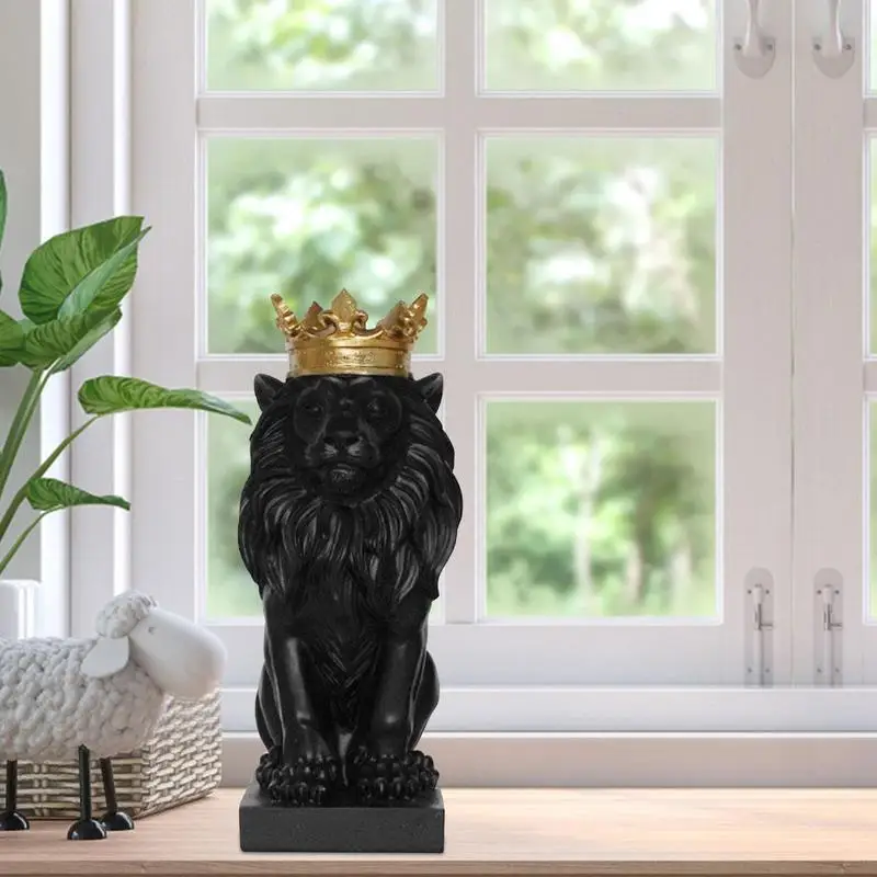 האריה פסל אספנות פסלונים בסגנון נורדי שרף פסל האריה פסל עם הכתר על הבית חדר חדר לימוד לקישוט לשולחן התמונה 3