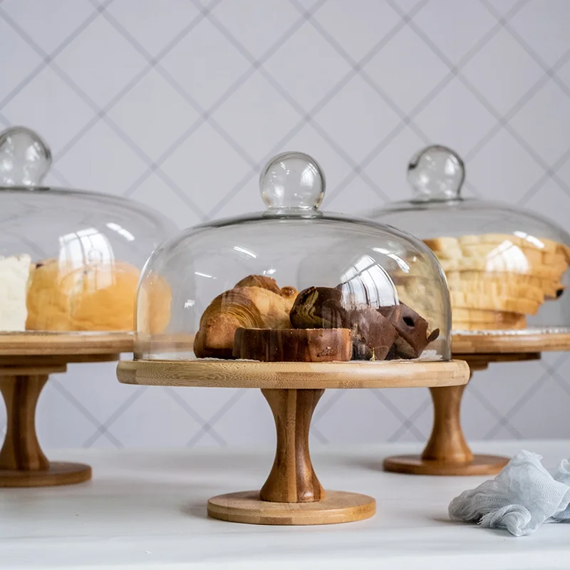 סיבוב העוגה מגש זכוכית חיפוי עץ רגל גבוהה עם מכסה מאפה לחם פירות טעימות צלחת קינוח דוכן תצוגה התמונה 2