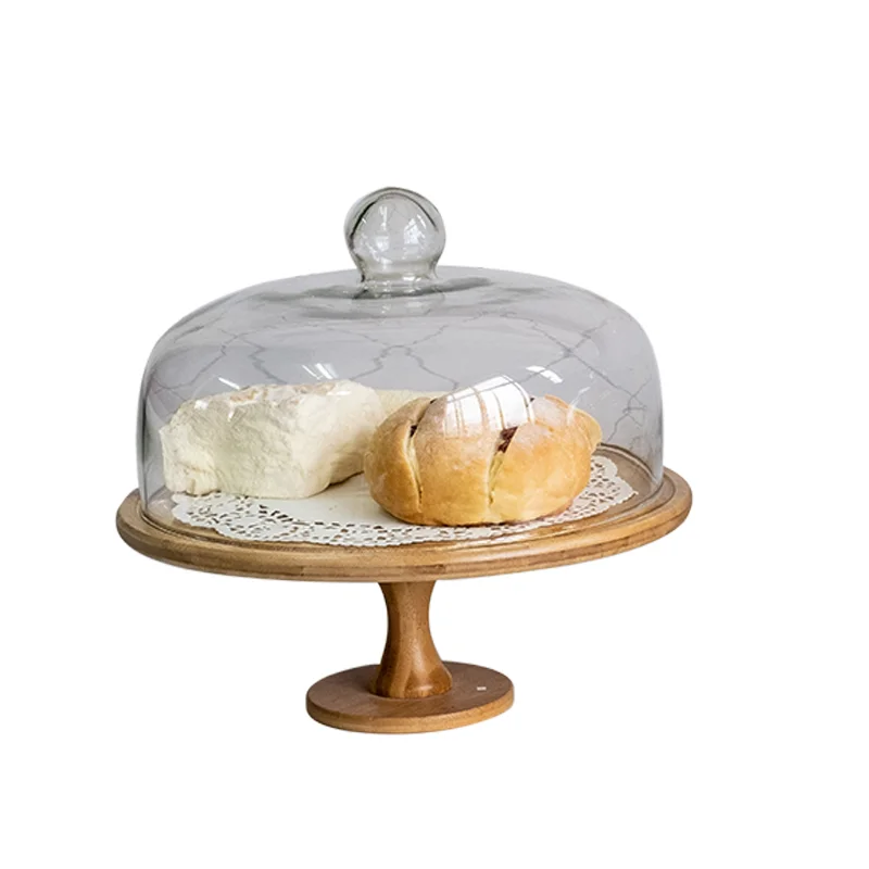 סיבוב העוגה מגש זכוכית חיפוי עץ רגל גבוהה עם מכסה מאפה לחם פירות טעימות צלחת קינוח דוכן תצוגה התמונה 3
