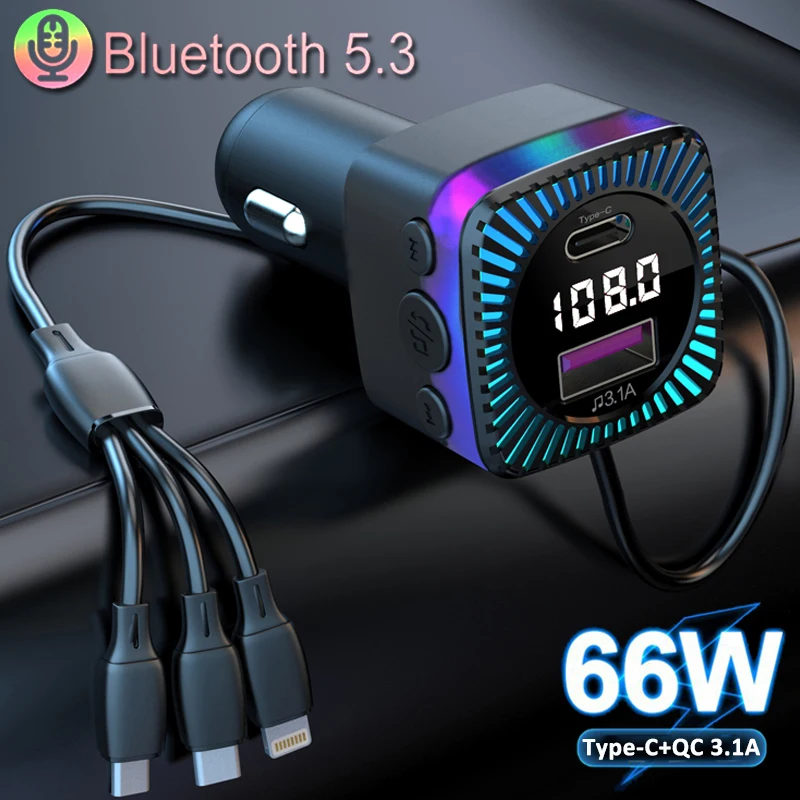 רכב Bluetooth 5.3 משדר FM אלחוטי מקלט אודיו רכב נגן MP3 66W משטרת מהר מטען תאורת מוטי-נקודת מטען התמונה 0