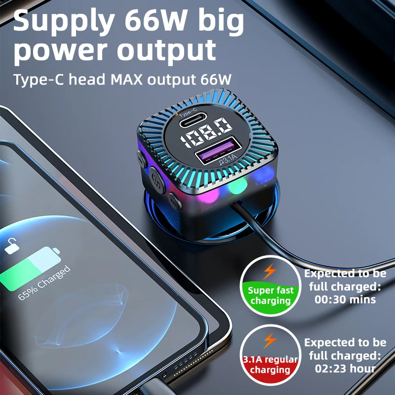 רכב Bluetooth 5.3 משדר FM אלחוטי מקלט אודיו רכב נגן MP3 66W משטרת מהר מטען תאורת מוטי-נקודת מטען התמונה 1