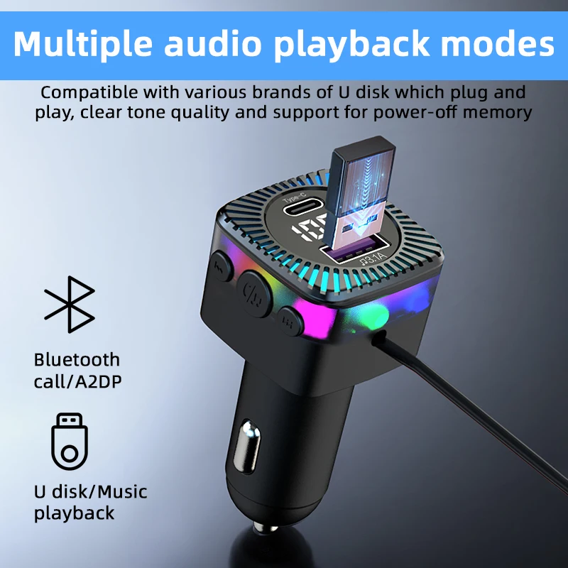 רכב Bluetooth 5.3 משדר FM אלחוטי מקלט אודיו רכב נגן MP3 66W משטרת מהר מטען תאורת מוטי-נקודת מטען התמונה 2
