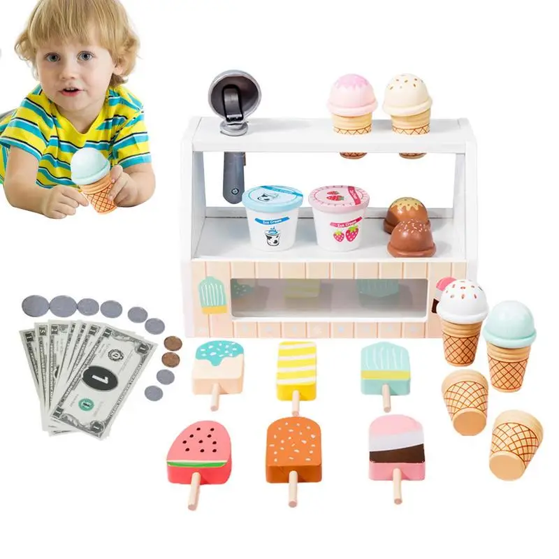 גלידה לשחק להגדיר מונטסורי לשחק במשחק גלידה צעצוע עץ סקופ ומגישים מזויף גלידה, מזון, צעצועים לילדים במטבח התמונה 0